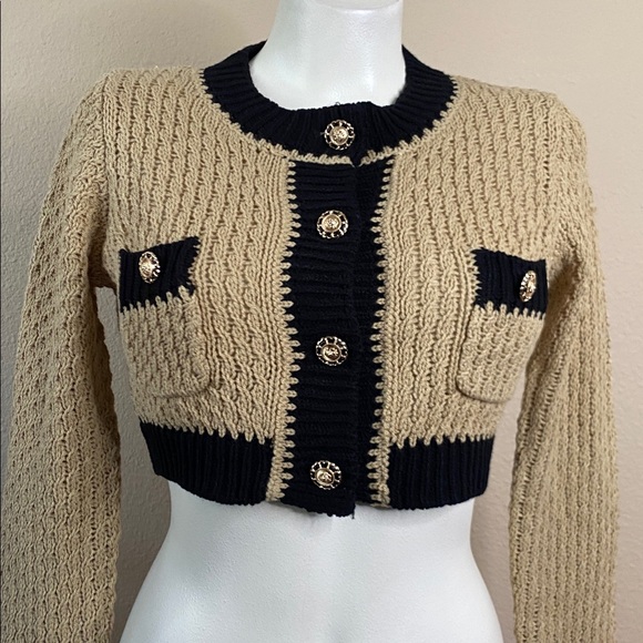 QIUROUYAO designer tan black cropped knit sweater cardigan perfect ❤️❤️❤️ - Picture 2 of 9
